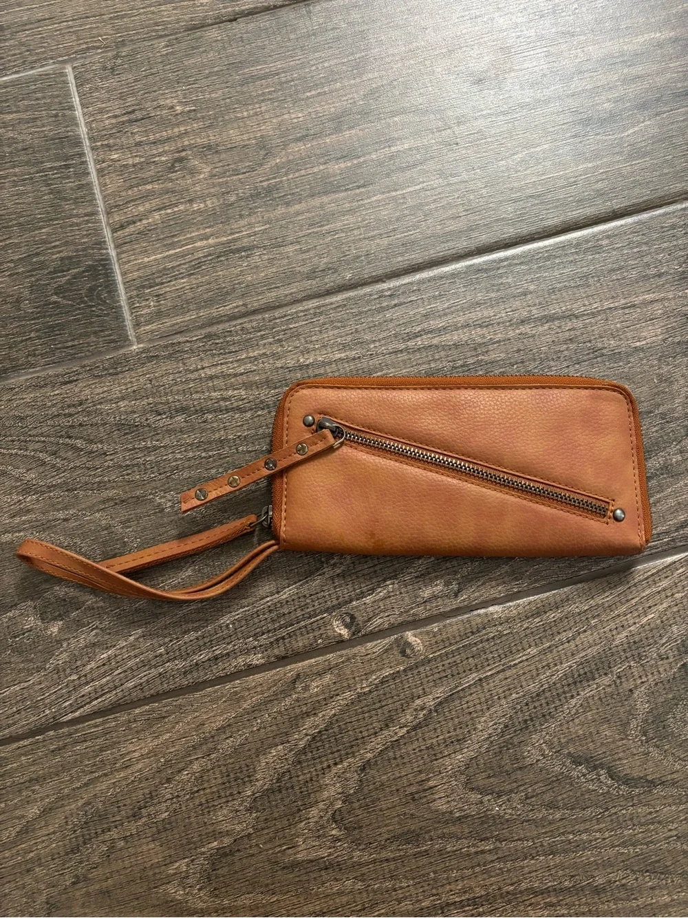 Free People / Cognac Brown Distressed Vegan Wallet Wristlet Clutch